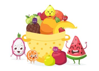Summer fruits in basket, vector illustration. Funny cartoon characters with smiling faces, friendly mascots. Slice of watermelon, pitaya, orange, pear and strawberry. Fresh juicy fruits food market